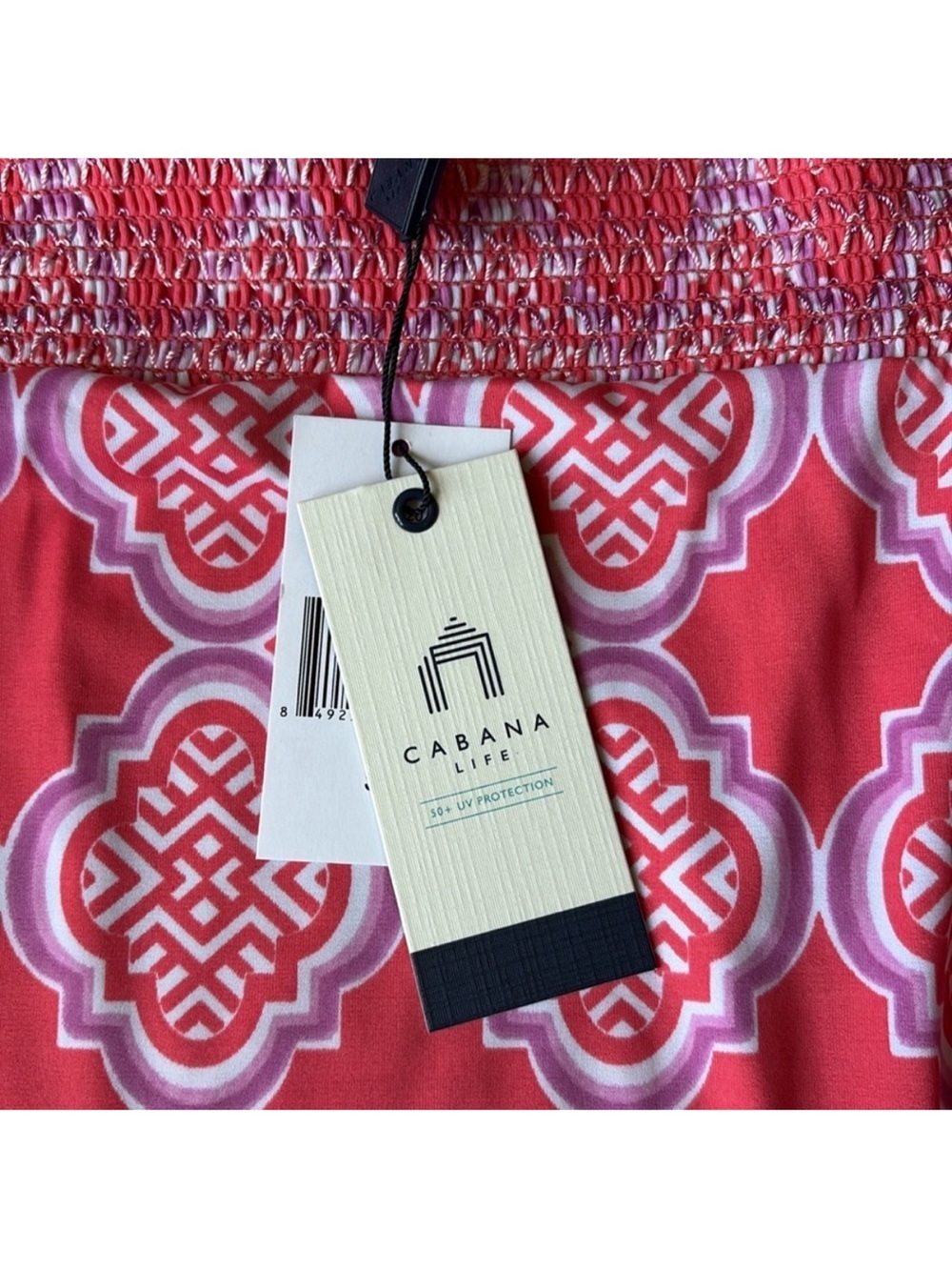NWT Cabana Life Coral Geo Coverluxe Smocked Off-the-Shoulder Tassel Dress Small - Picture 4 of 13